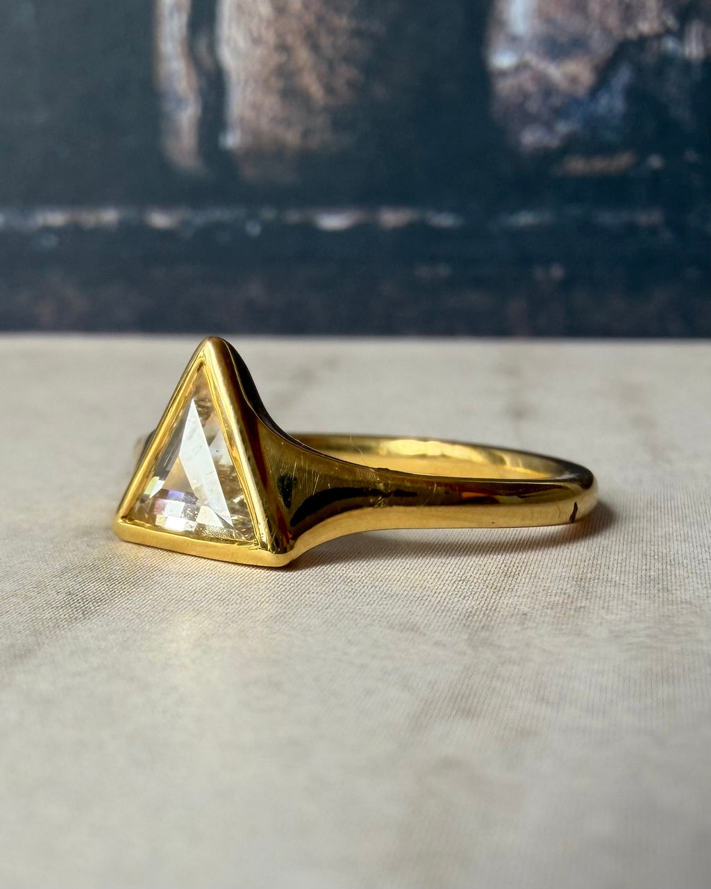 Vintage 18k Yellow Gold Trillion Cut Diamond Solitaire Bezel Ring