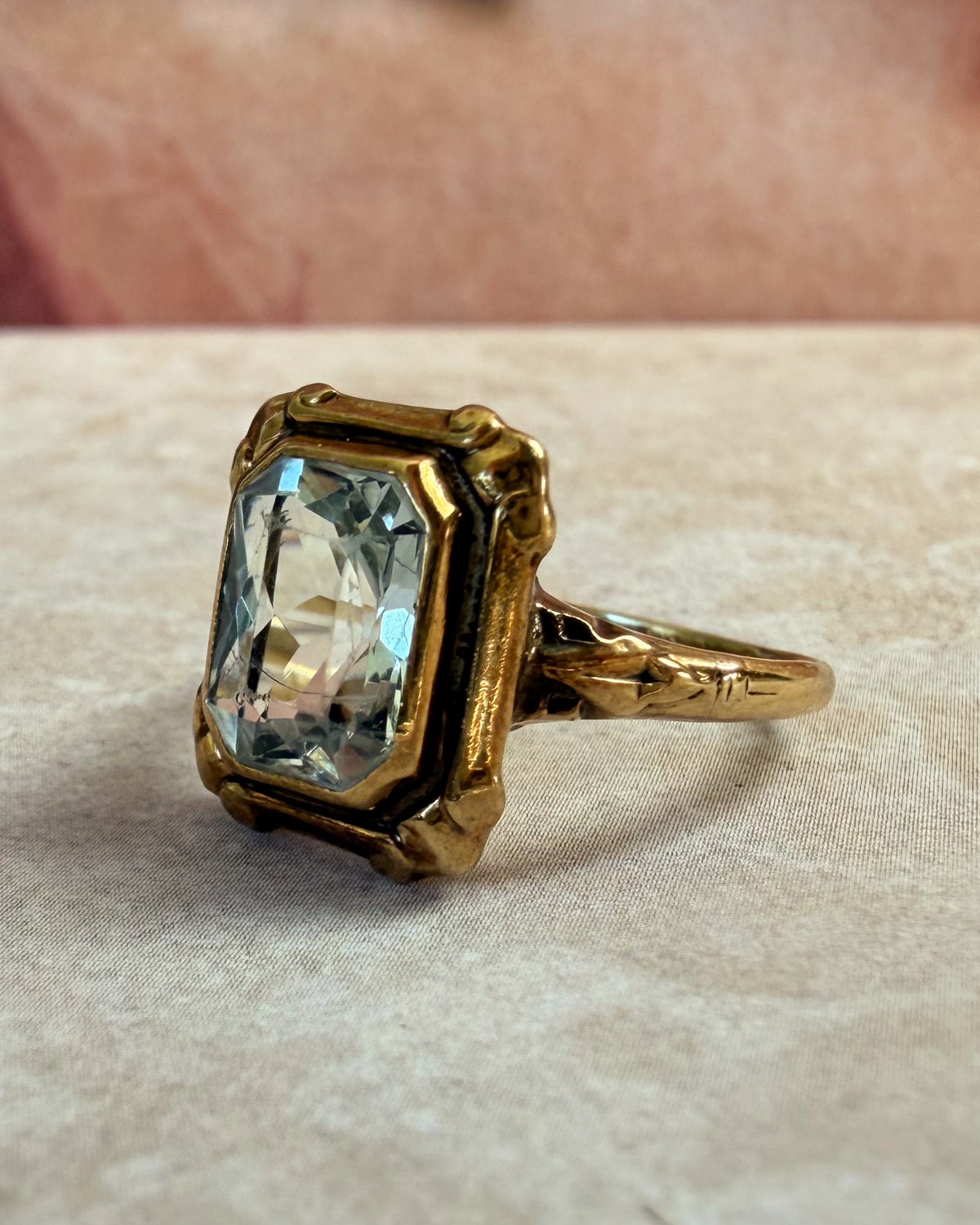 Retro 10k Yellow Gold and Aquamarine Bezel Set Ring