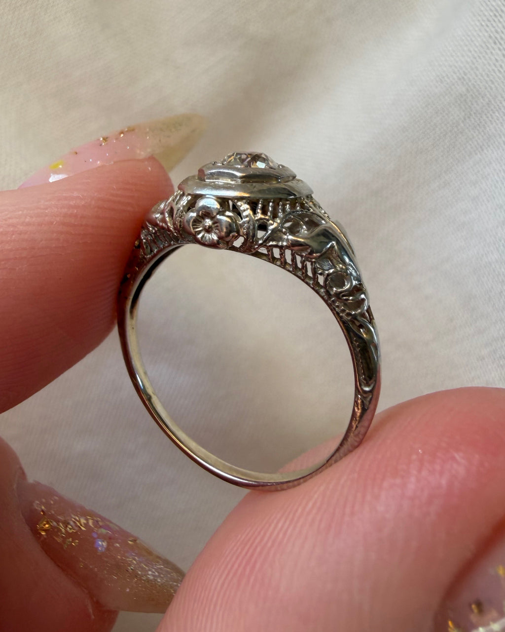 Art Deco 14k White Gold and Old European Cut Diamond Filigree Ring