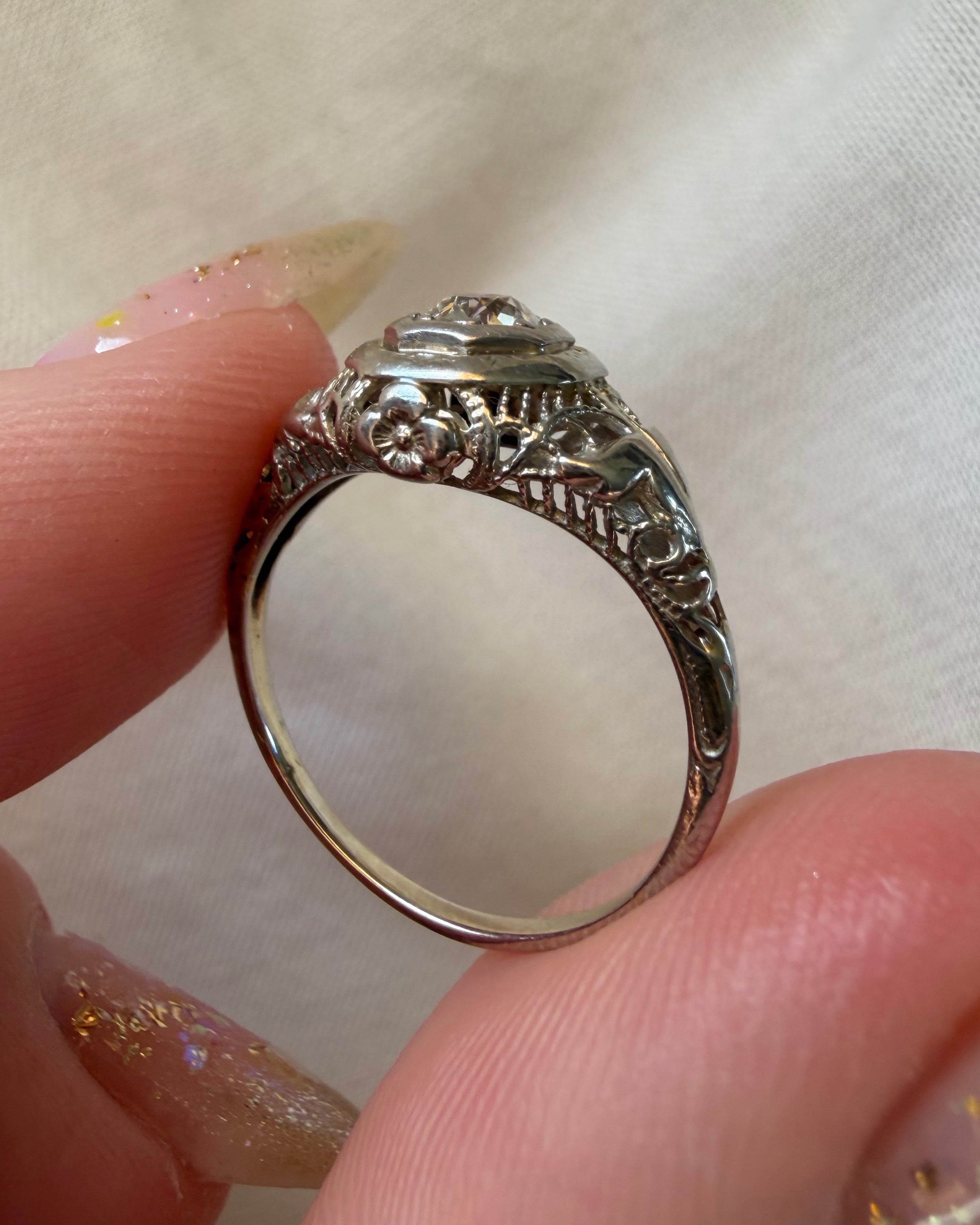 Art Deco 14k White Gold and Old European Cut Diamond Filigree Ring
