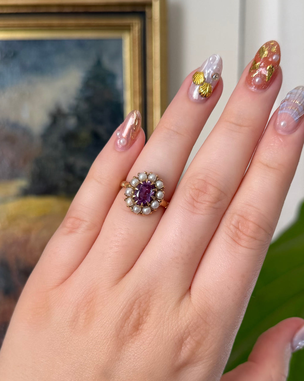 Mid-Century Birks 10k Yellow Gold Synthetic Color Change Sapphire and Pearl Cluster Ring