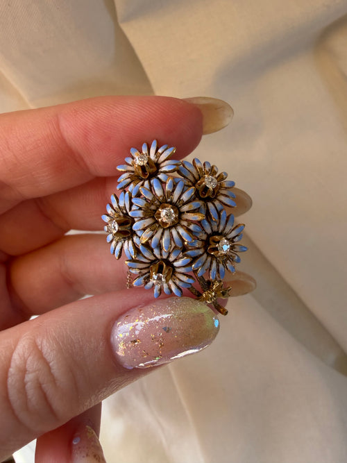 Victorian 14k Yellow Gold, Old Mine Cut Diamond, and Enamel Floral Bouquet Brooch