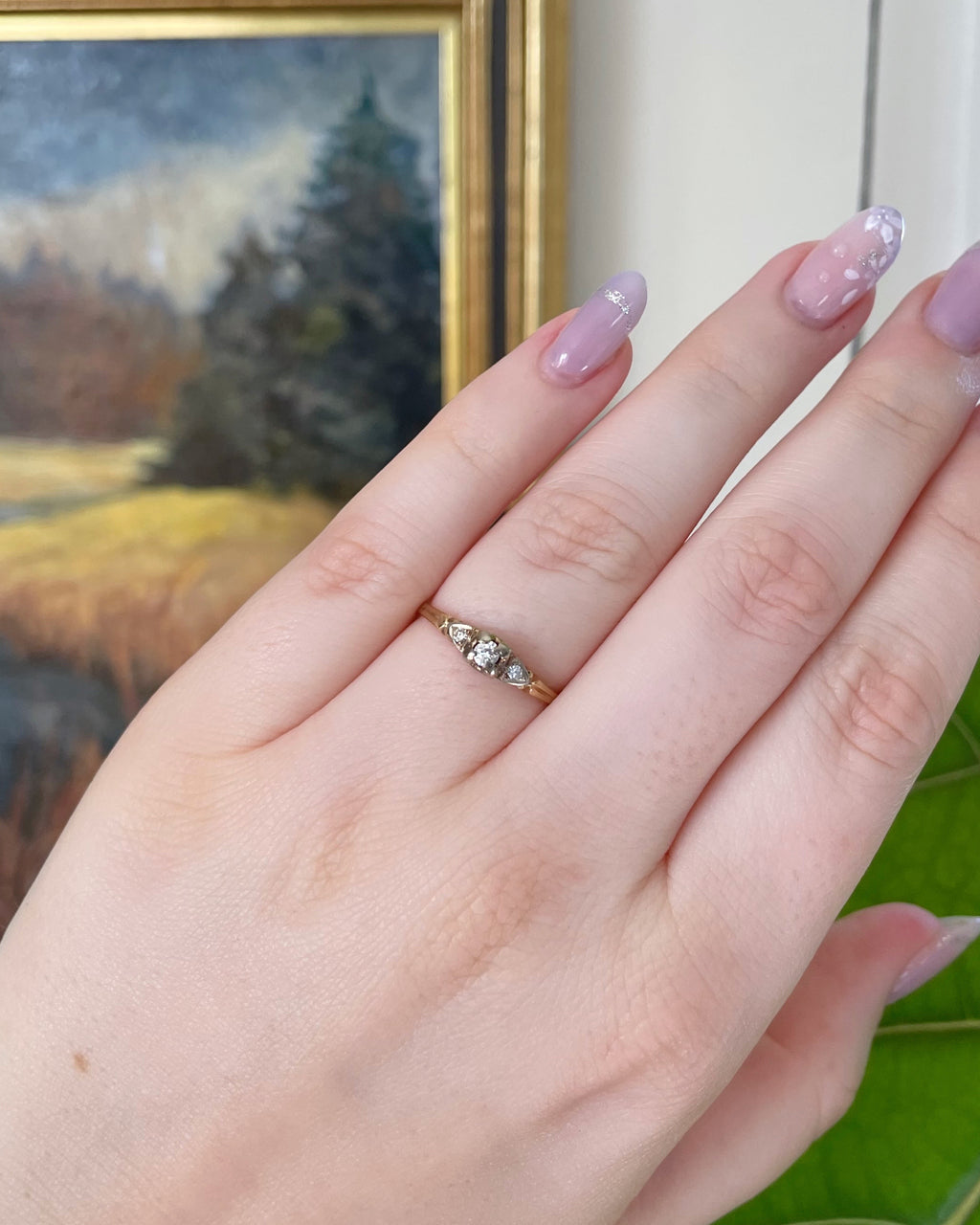 Retro 14k Yellow Gold and Diamond Three Stone Ring