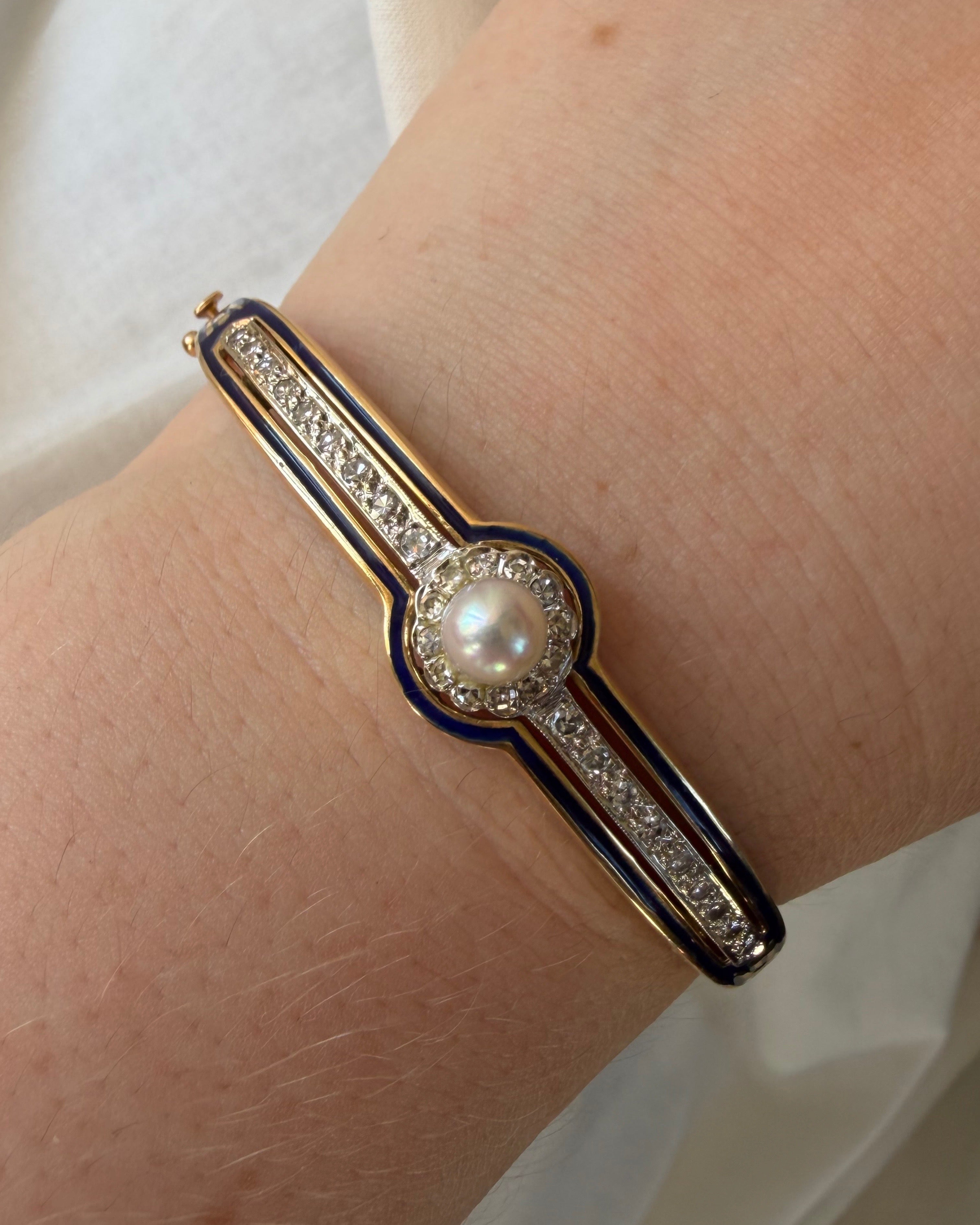 Victorian Revival 14k Yellow Gold, Pearl, Diamond, and Enamel Bangle Bracelet