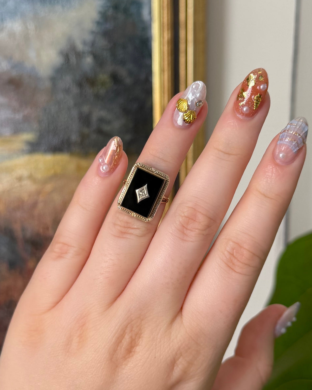 Art Deco 10k Yellow Gold, Onyx, and Diamond Ring