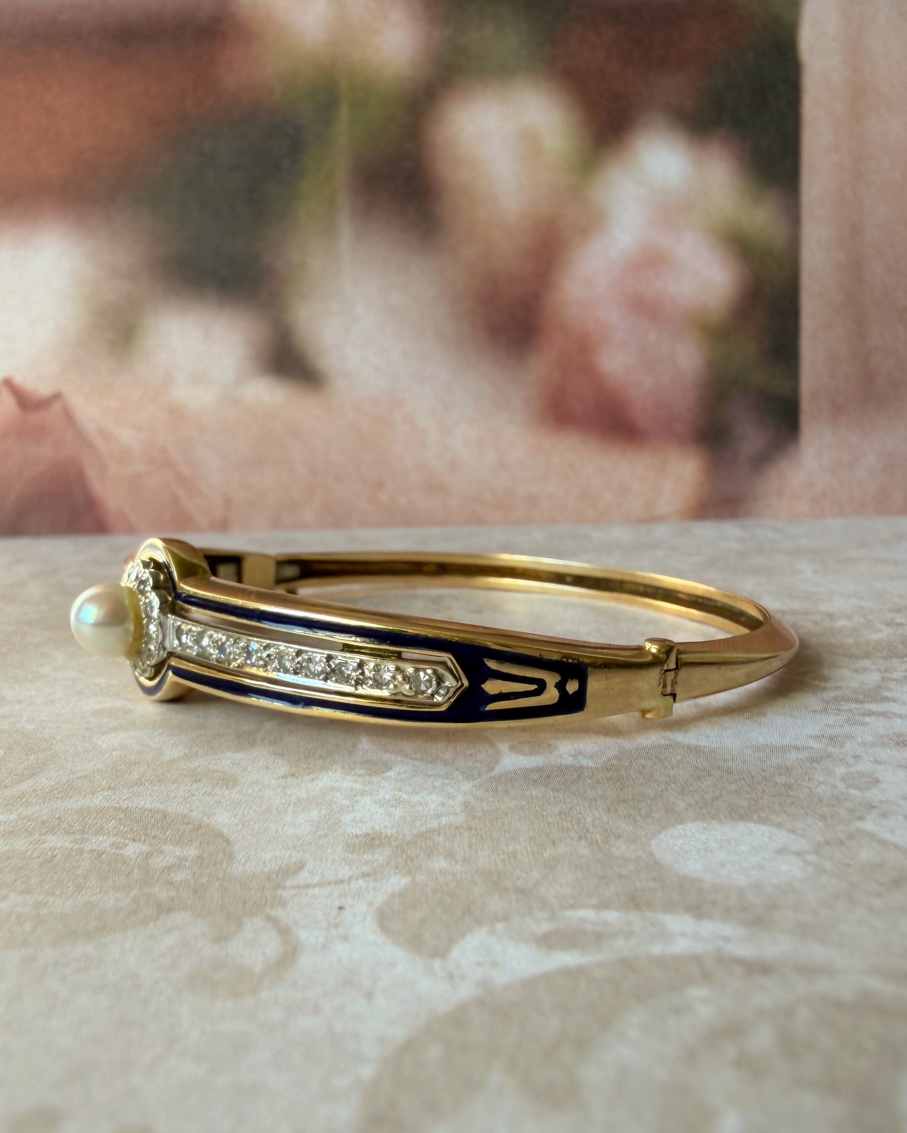 Victorian Revival 14k Yellow Gold, Pearl, Diamond, and Enamel Bangle Bracelet