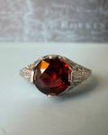 Art Deco 14k White Gold and Garnet Filigree Ring
