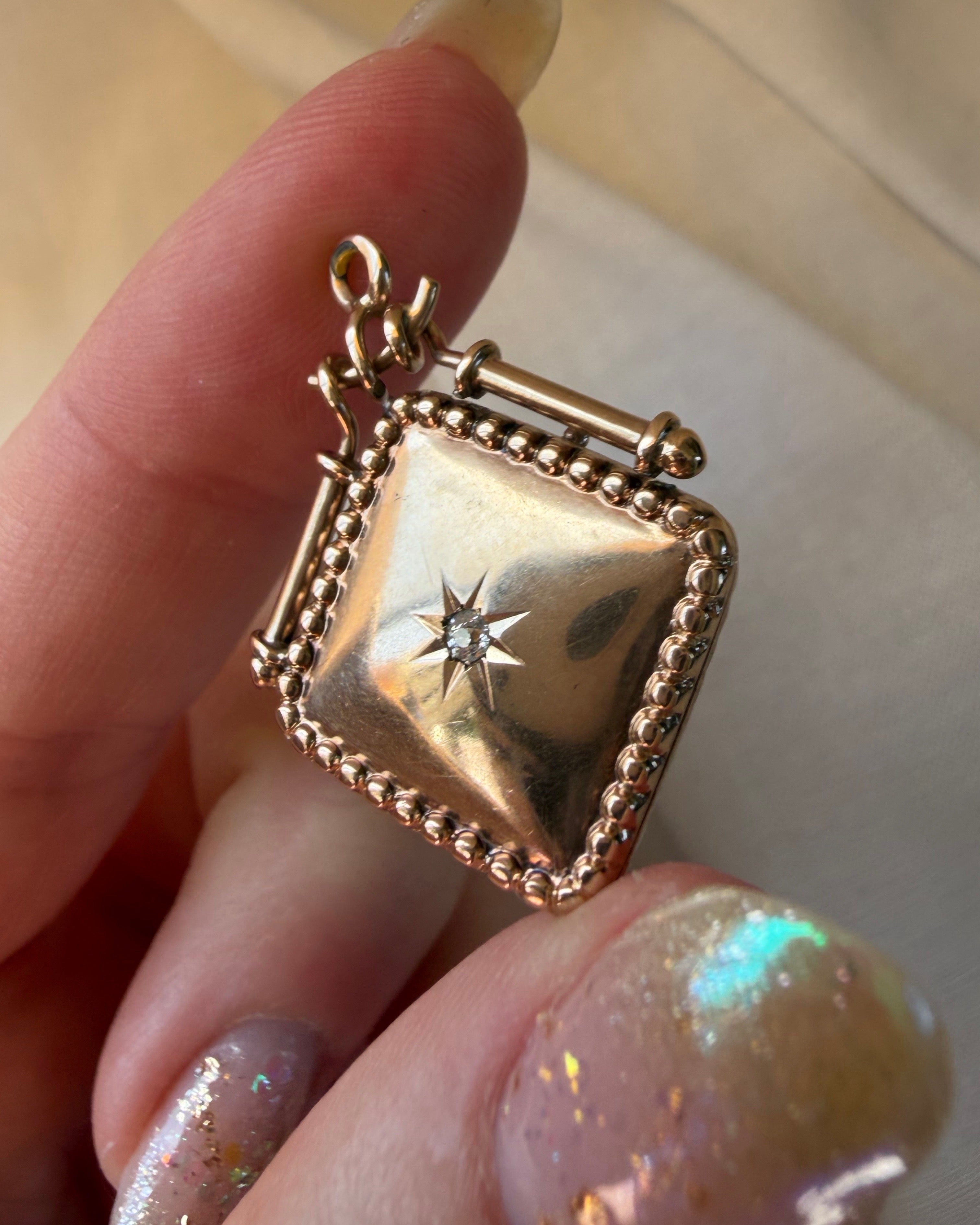 Victorian 10k Rose Gold and Old Mine Cut Diamond Star Square Locket Pendant