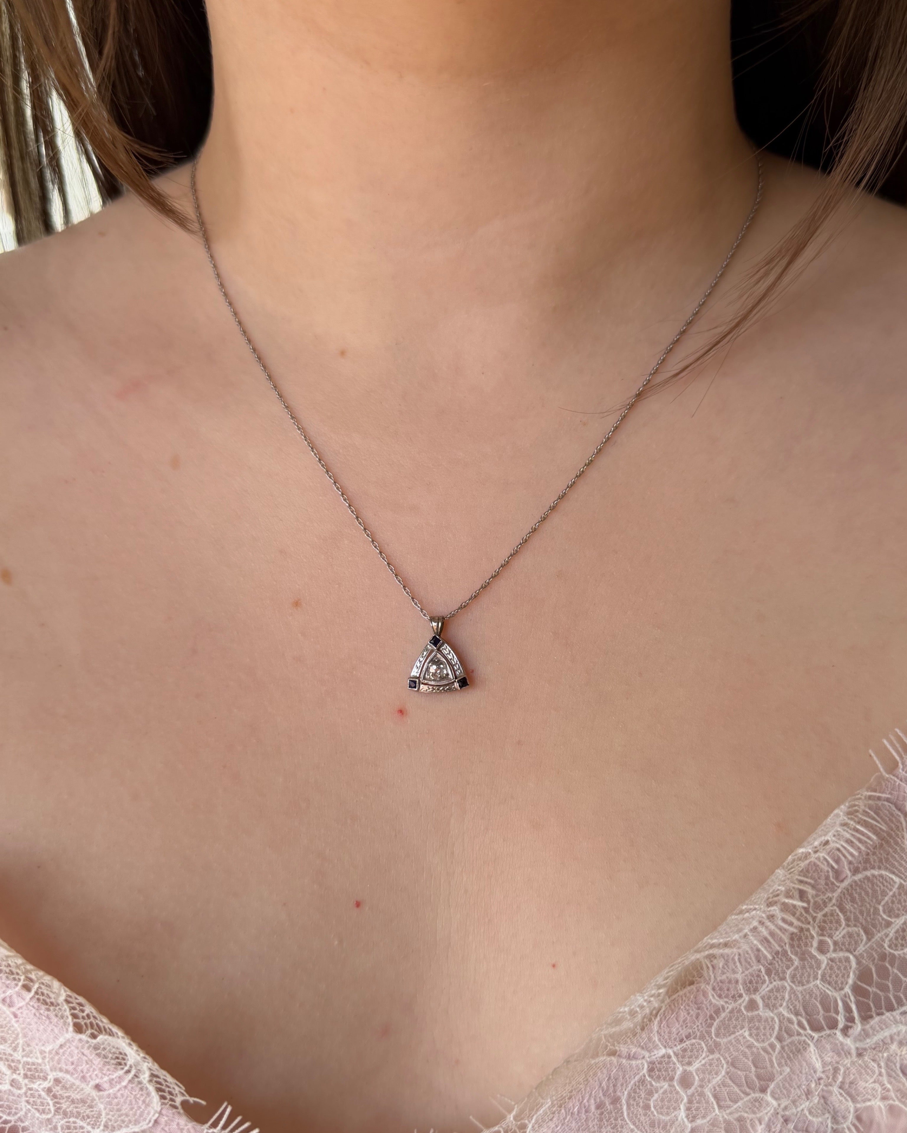 Art Deco 14k White Gold, Diamond, and Synthetic Sapphire Pendant Necklace