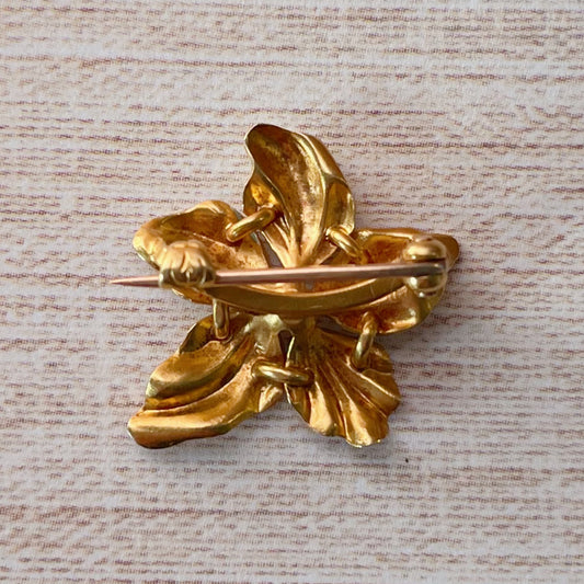 Whiteside & Blank Art Nouveau 14k Yellow Gold, Pearl, and Enamel Flower Pin