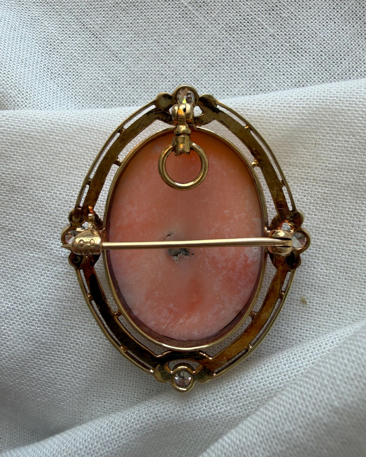 Edwardian 14k Yellow Gold, Coral, Diamond, and Pearl Cameo Pendant Brooch