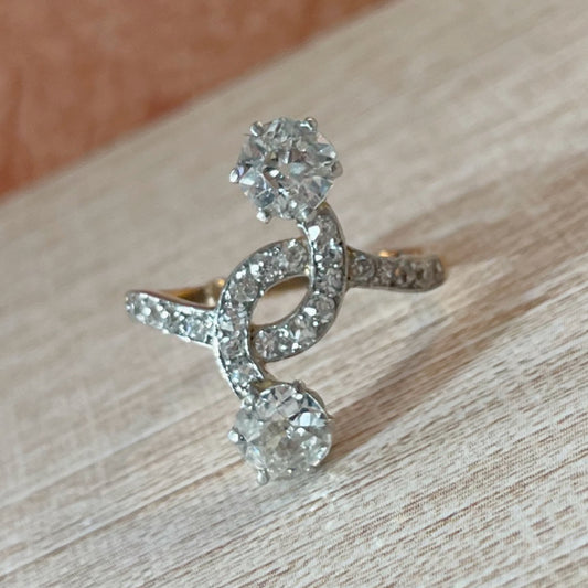 Edwardian Platinum, 14k Yellow Gold, and Diamond Toi et Moi Ring