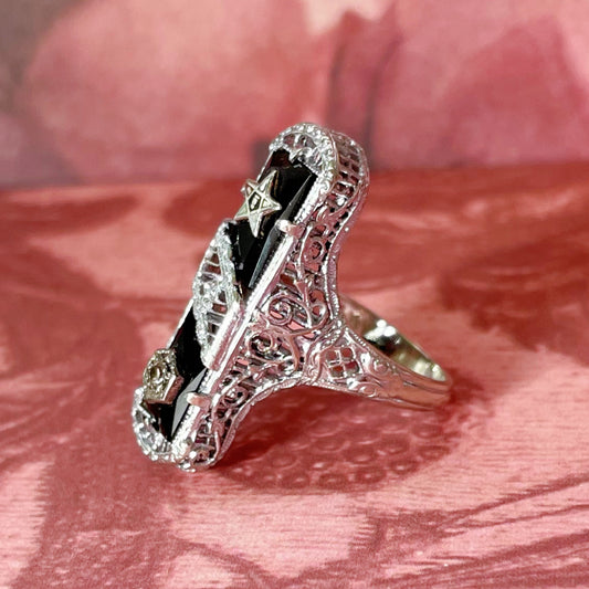 Art Deco 14k White Gold, Onyx, and Diamond Order of Eastern Star Masonic Filigree Ring