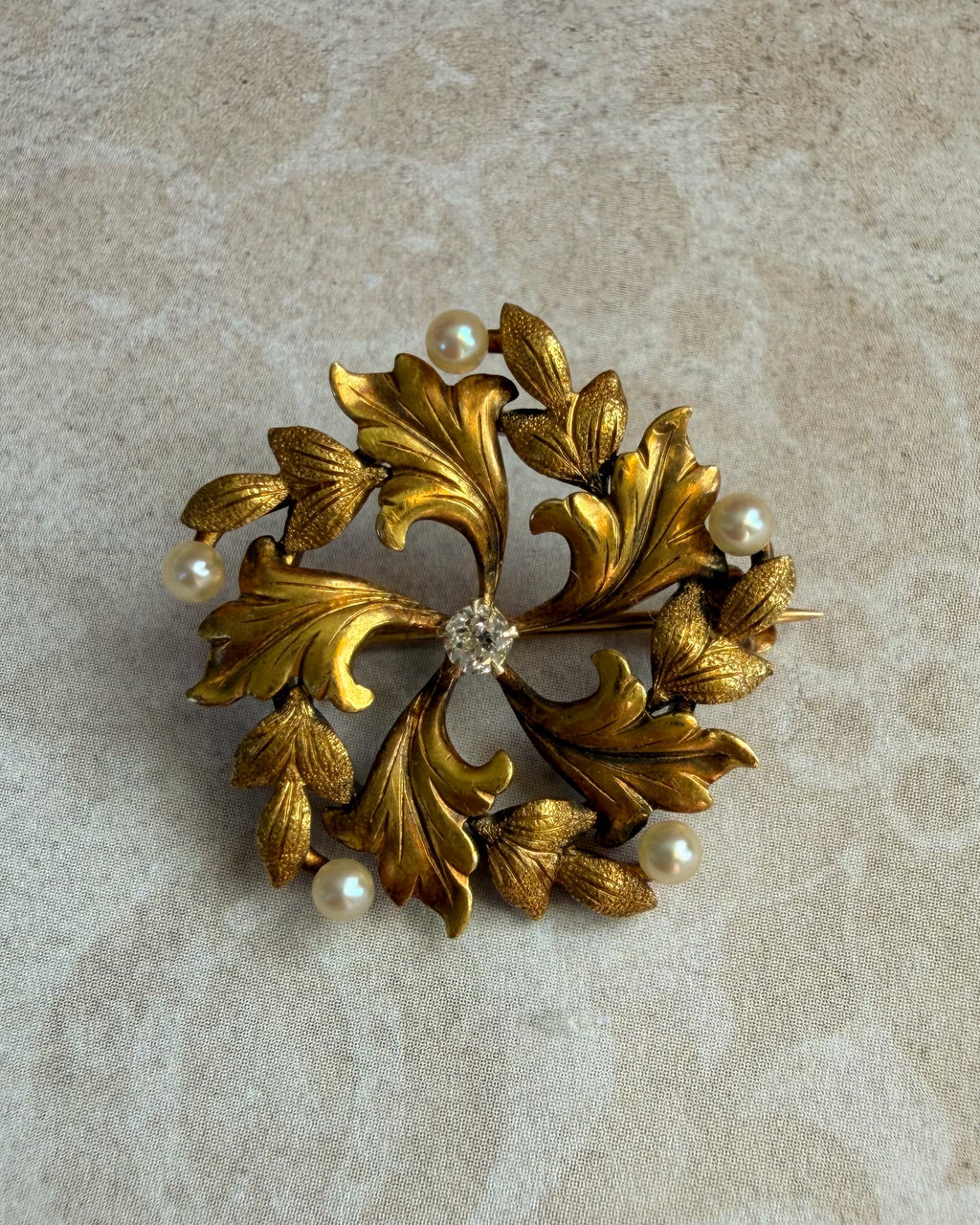 Art Nouveau 14k Yellow Gold, Diamond, and Pearl Floral Leaf Brooch
