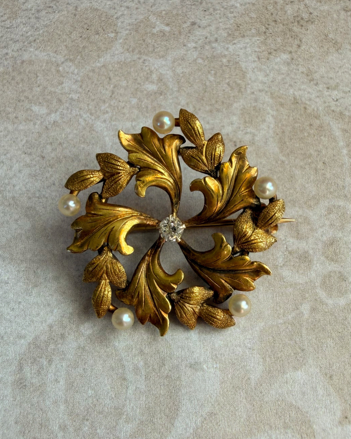 Art Nouveau 14k Yellow Gold, Diamond, and Pearl Floral Leaf Brooch