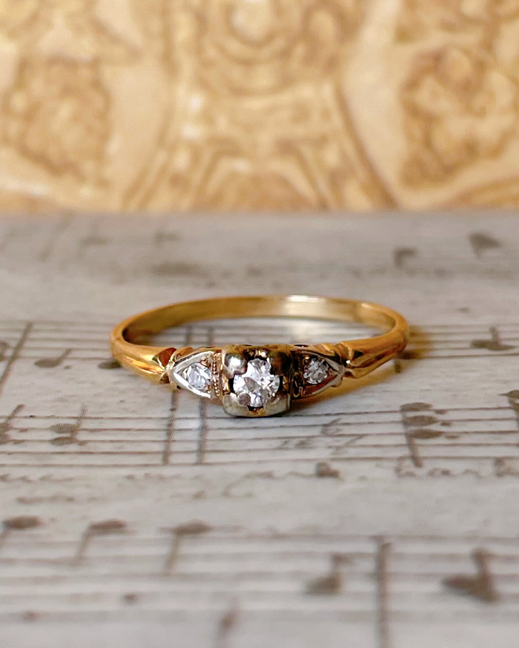 Retro 14k Yellow Gold and Diamond Three Stone Ring