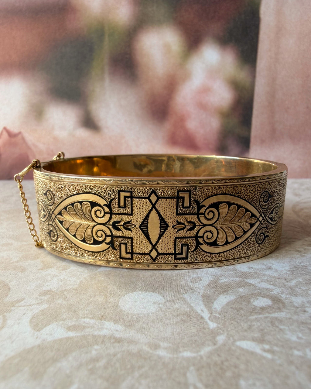 Victorian 10k Yellow Gold and Black Enamel Floral Taille D'Epargne Bangle Bracelet