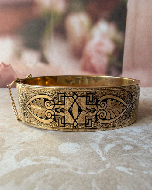 Victorian 10k Yellow Gold and Black Enamel Floral Taille D'Epargne Bangle Bracelet