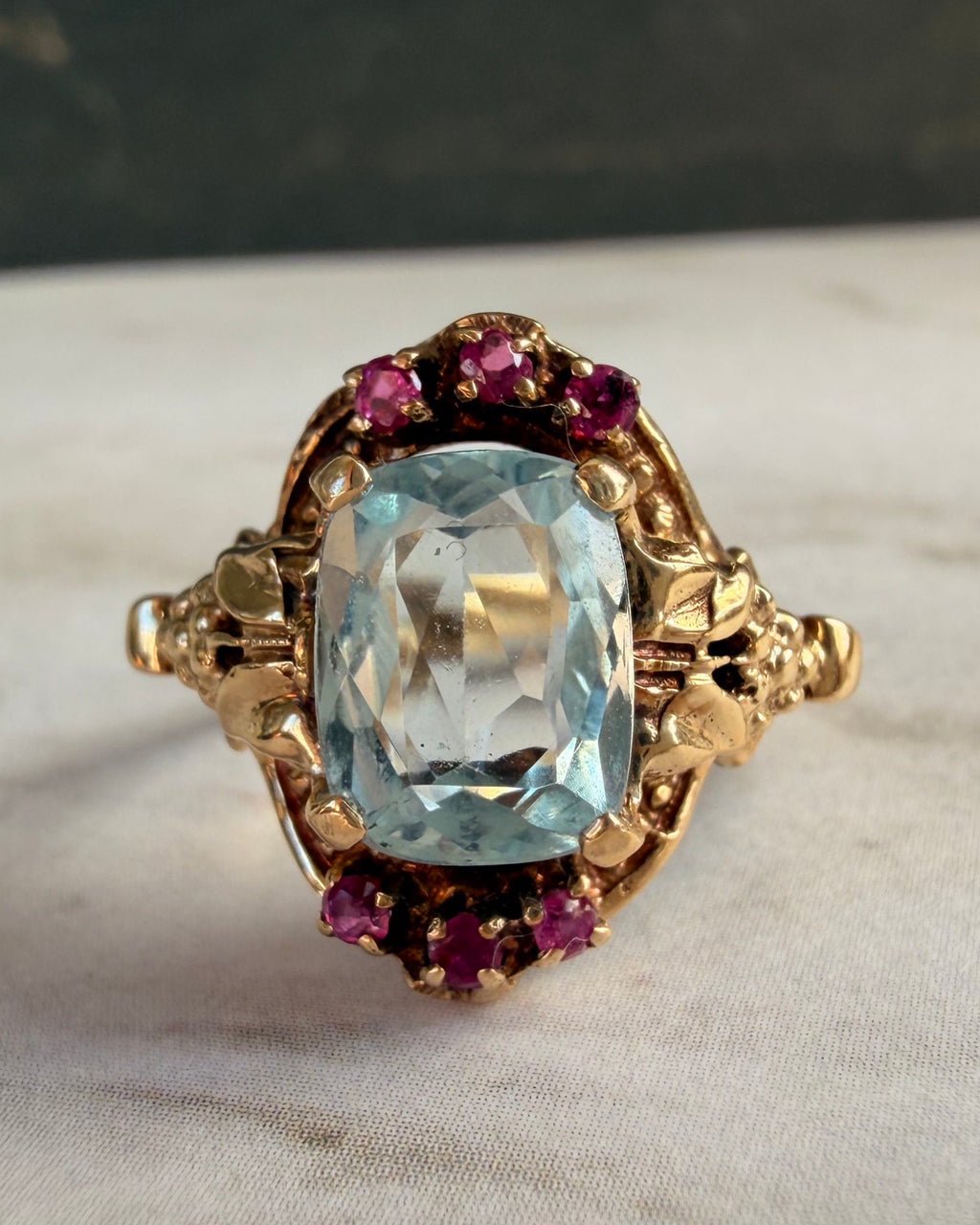Retro Kielty & Beard 14k Yellow Gold, Aquamarine, and Ruby Ring