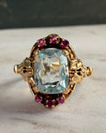 Retro Kielty & Beard 14k Yellow Gold, Aquamarine, and Ruby Ring