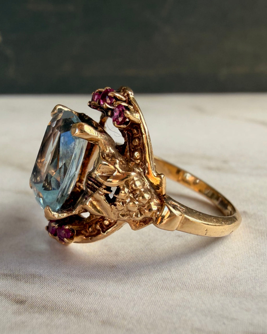Retro Kielty & Beard 14k Yellow Gold, Aquamarine, and Ruby Ring