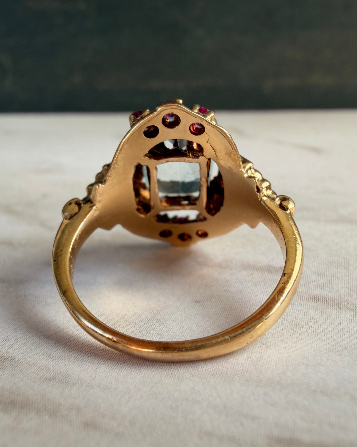 Retro Kielty & Beard 14k Yellow Gold, Aquamarine, and Ruby Ring