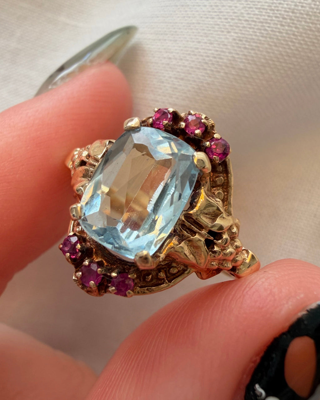 Retro Kielty & Beard 14k Yellow Gold, Aquamarine, and Ruby Ring
