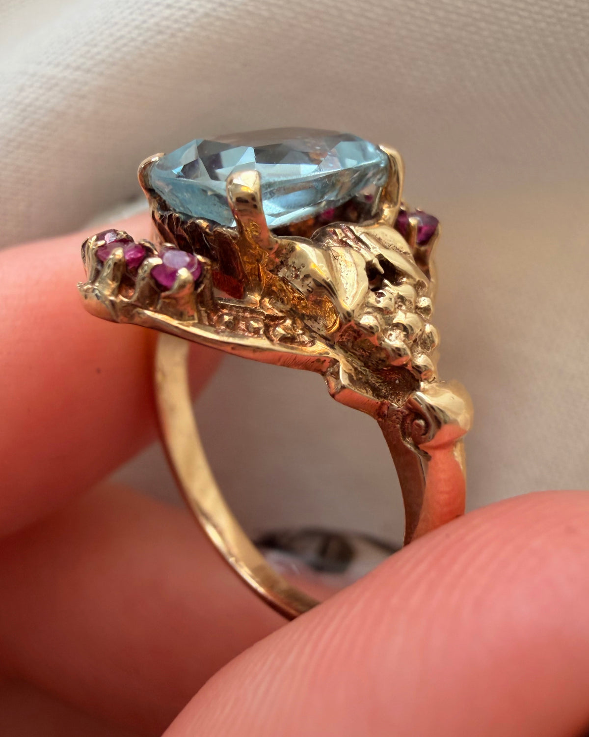 Retro Kielty & Beard 14k Yellow Gold, Aquamarine, and Ruby Ring