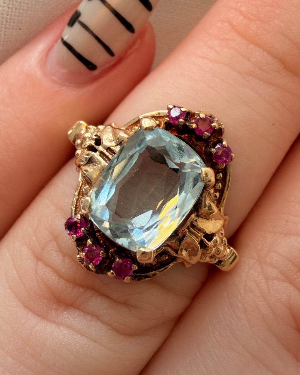 Retro Kielty & Beard 14k Yellow Gold, Aquamarine, and Ruby Ring