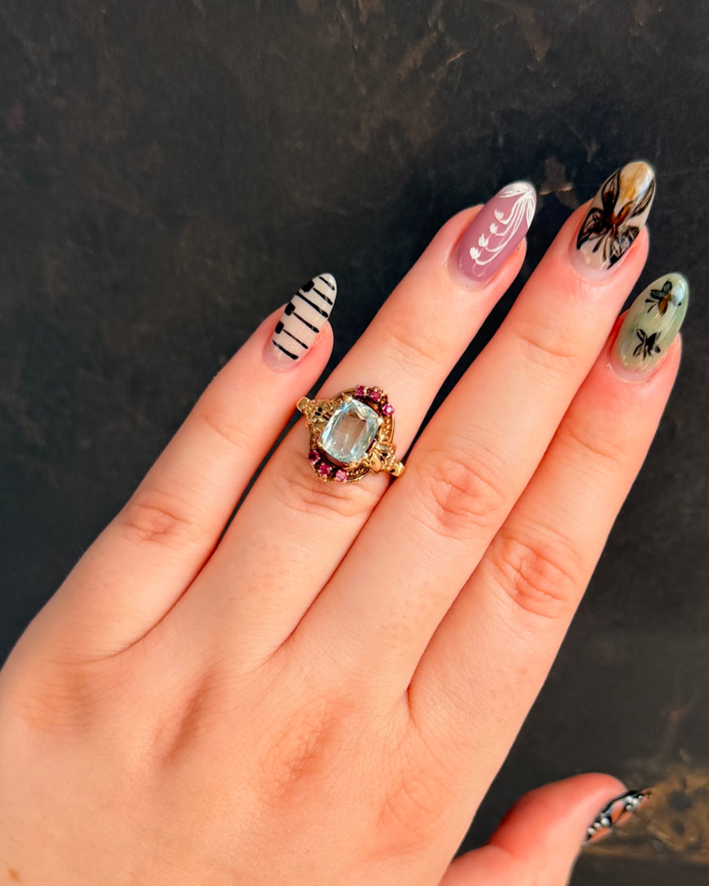 Retro Kielty & Beard 14k Yellow Gold, Aquamarine, and Ruby Ring