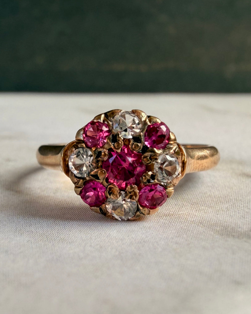 Victorian 14k Rose Gold, Pink Topaz, and White Quartz Ring