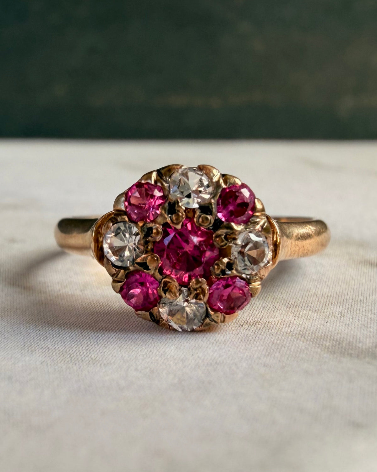 Victorian 14k Rose Gold, Pink Topaz, and White Quartz Ring