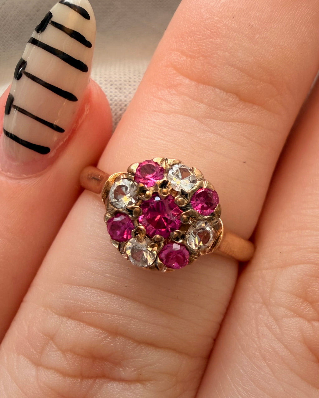 Victorian 14k Rose Gold, Pink Topaz, and White Quartz Ring