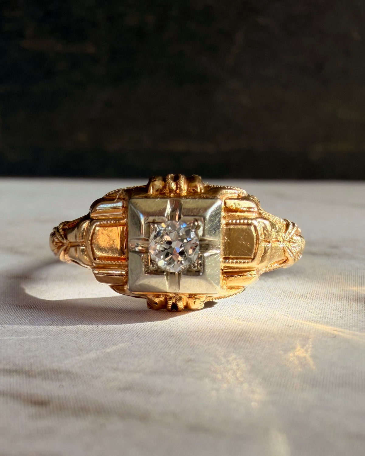 Art Deco 14k Two-Tone Gold and Old European Cut Diamond Ring