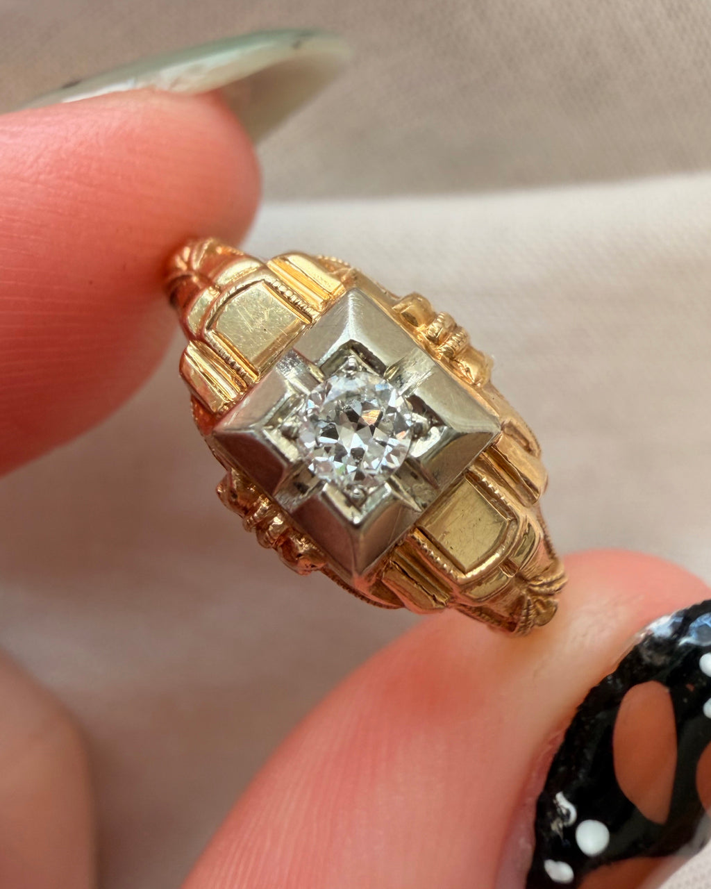 Art Deco 14k Two-Tone Gold and Old European Cut Diamond Ring