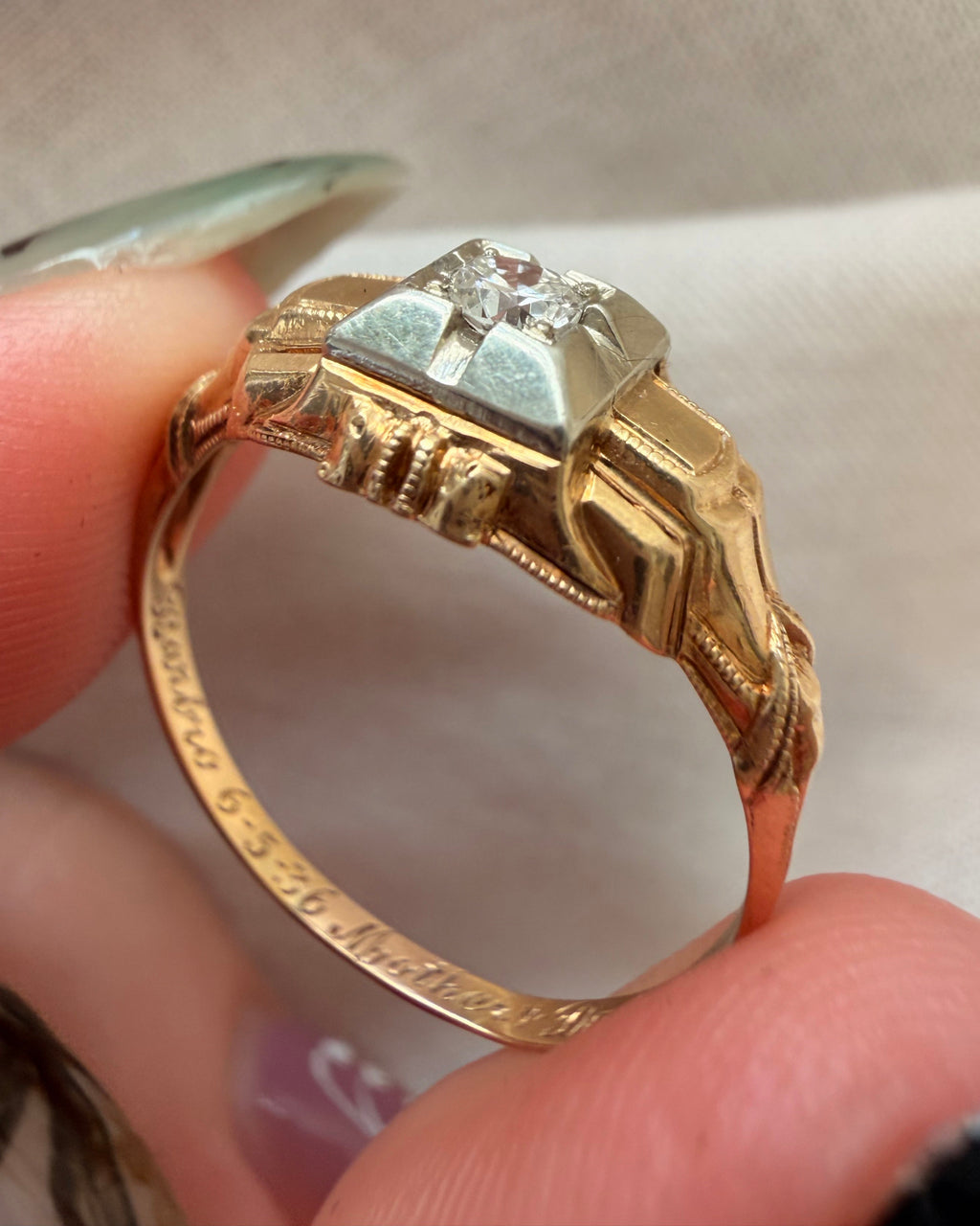 Art Deco 14k Two-Tone Gold and Old European Cut Diamond Ring