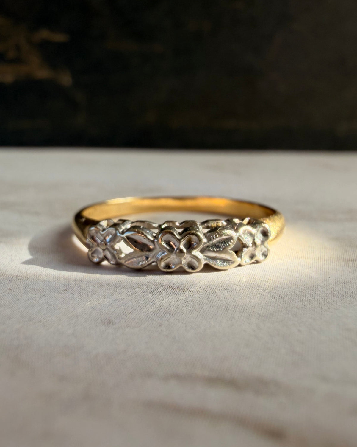 Retro Crescent 14k Two-Tone Gold Floral Band