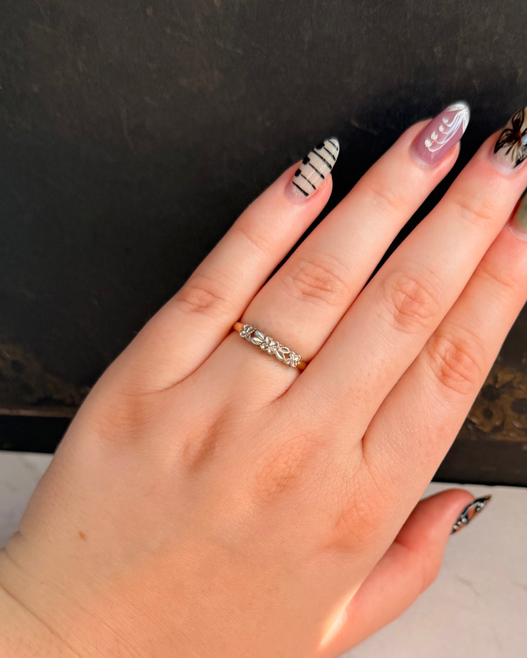 Retro Crescent 14k Two-Tone Gold Floral Band