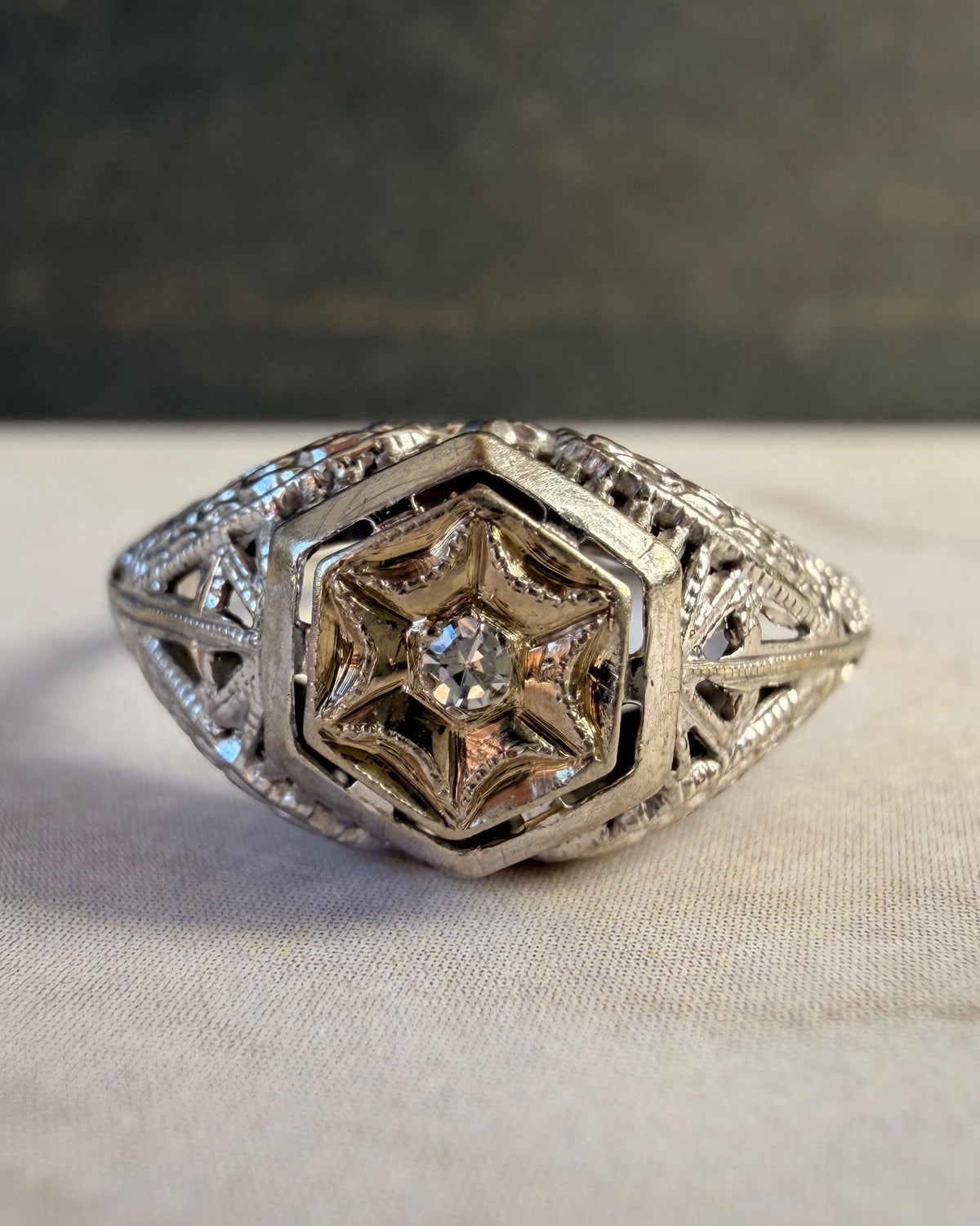 Art Deco 18k White Gold and Diamond Filigree Dome Ring