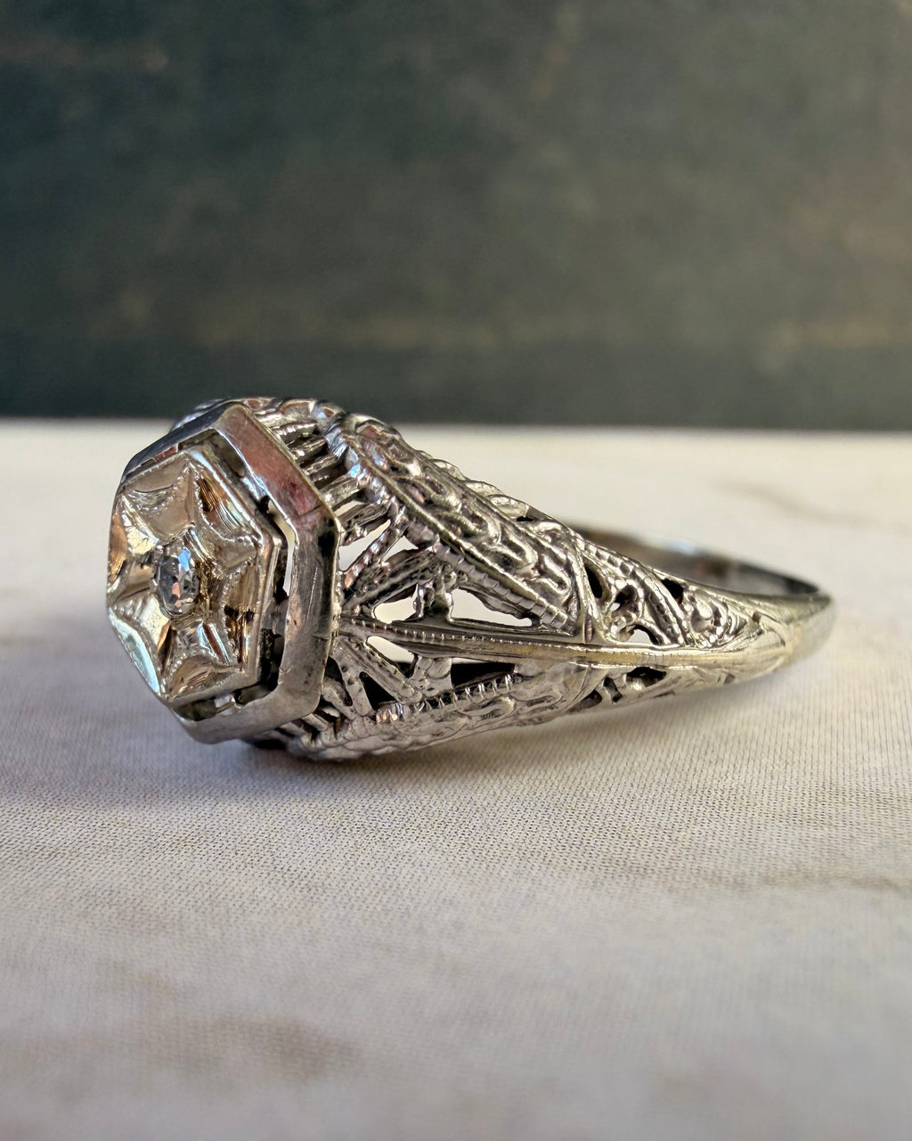 Art Deco 18k White Gold and Diamond Filigree Dome Ring