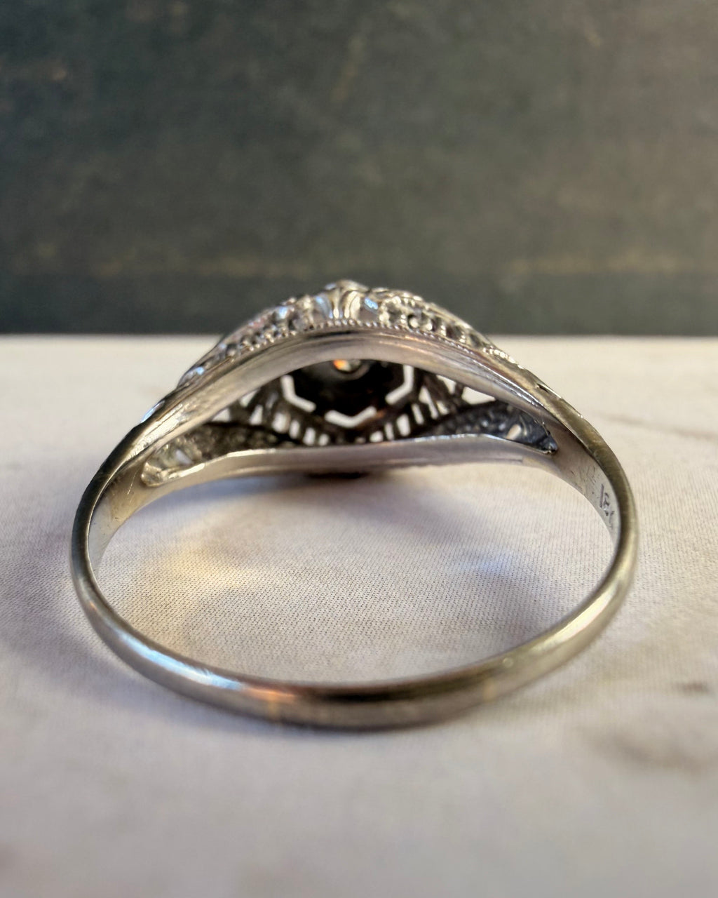 Art Deco 18k White Gold and Diamond Filigree Dome Ring