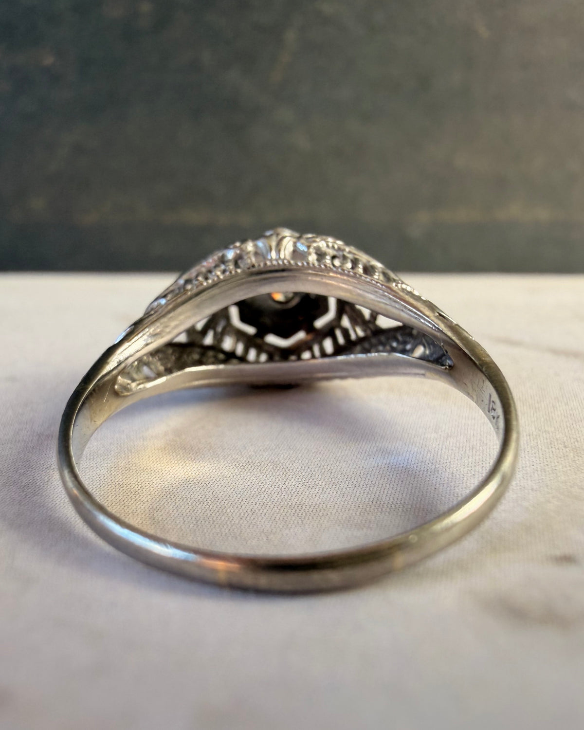 Art Deco 18k White Gold and Diamond Filigree Dome Ring