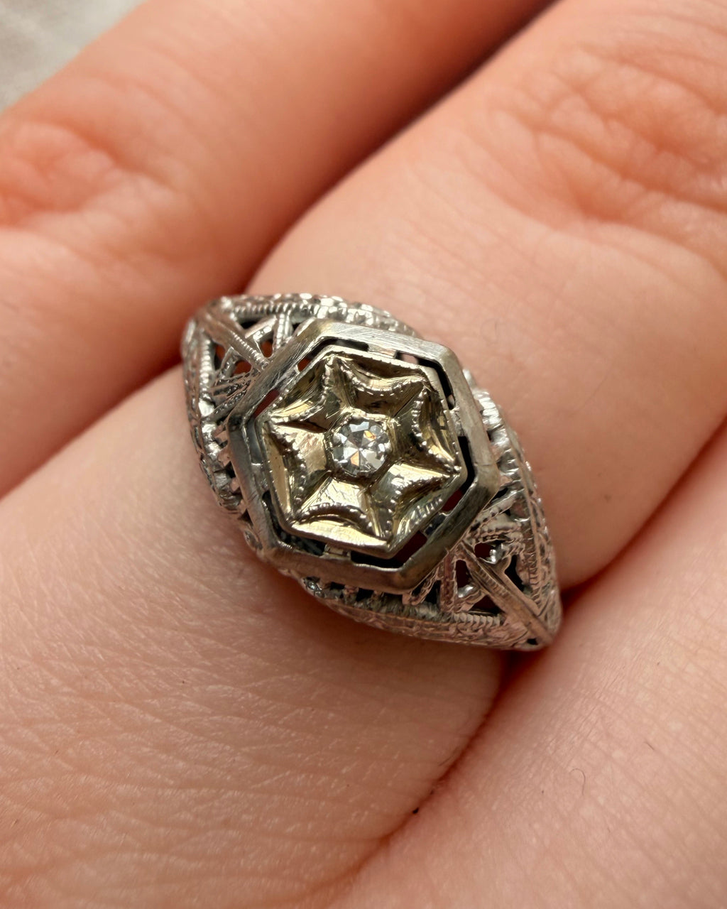 Art Deco 18k White Gold and Diamond Filigree Dome Ring