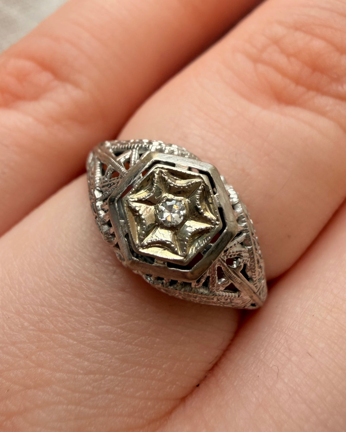 Art Deco 18k White Gold and Diamond Filigree Dome Ring