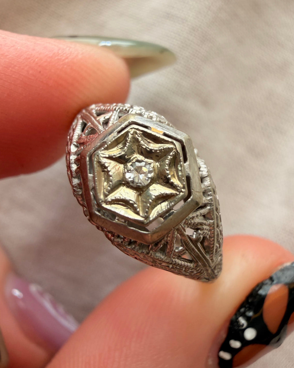 Art Deco 18k White Gold and Diamond Filigree Dome Ring