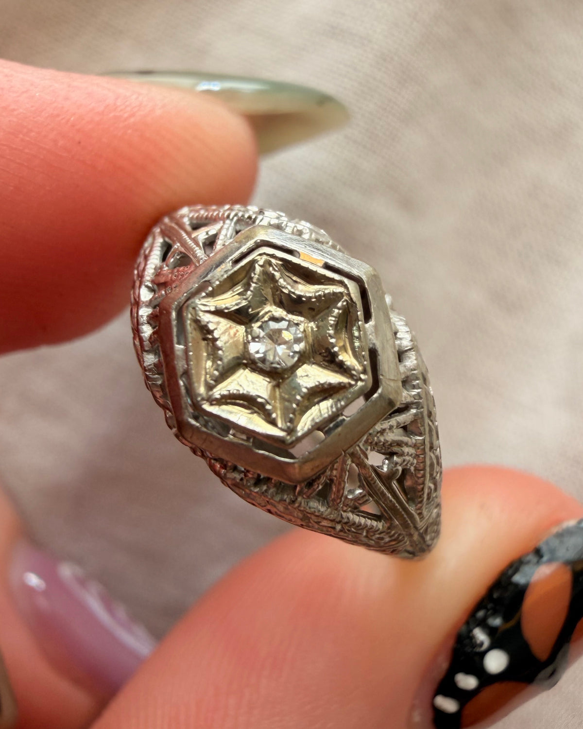 Art Deco 18k White Gold and Diamond Filigree Dome Ring