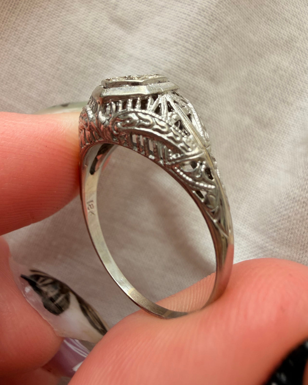Art Deco 18k White Gold and Diamond Filigree Dome Ring