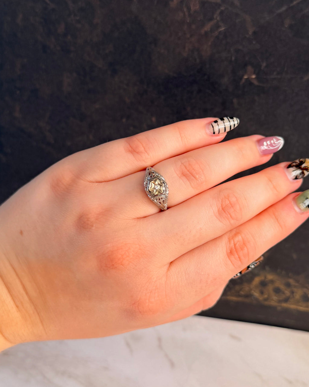 Art Deco 18k White Gold and Diamond Filigree Dome Ring