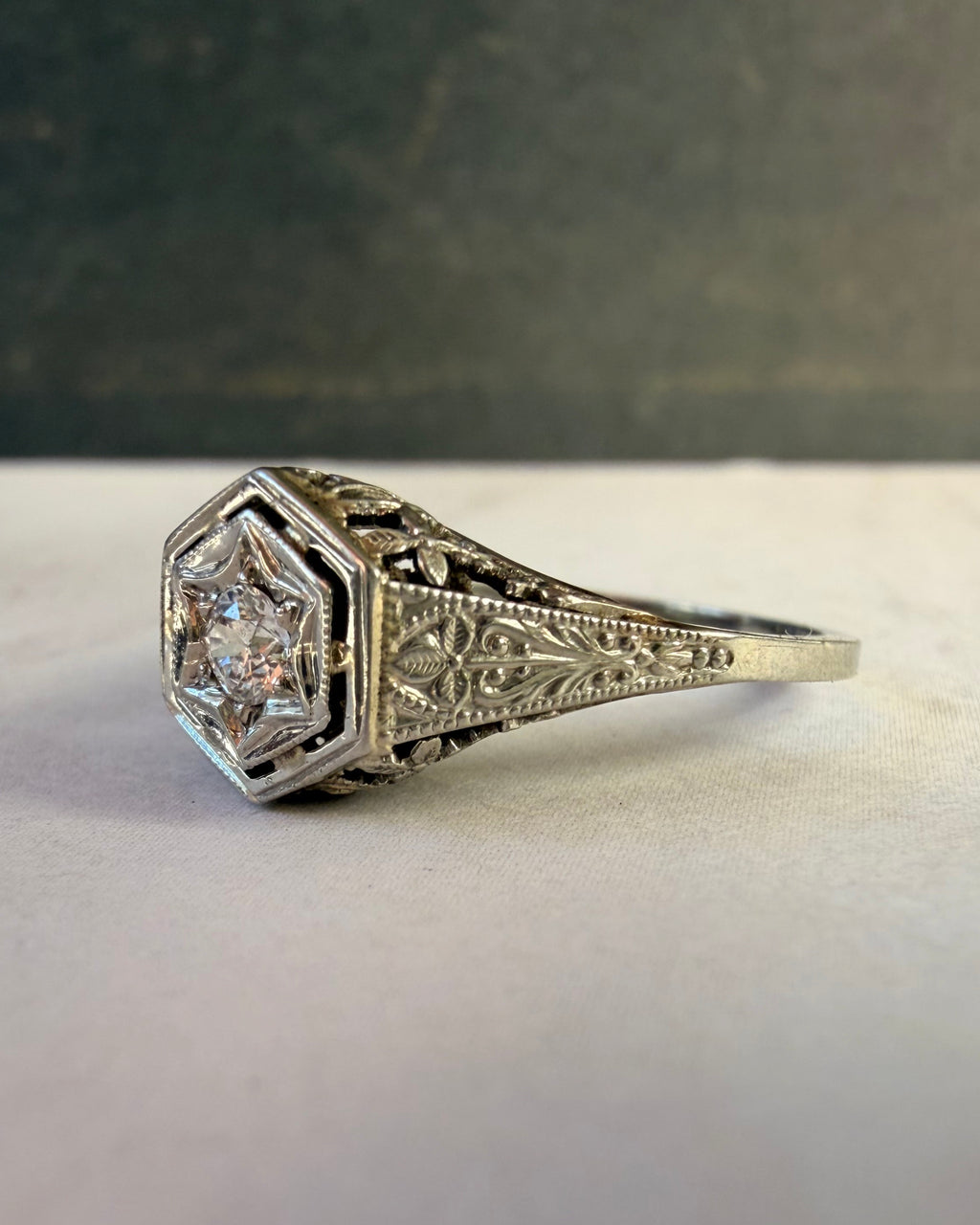Art Deco 18k White Gold and Old European Cut Diamond Filigree Ring