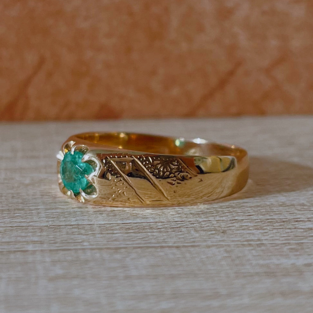 Antique Austro - Hungarian 14k Rose Gold and Emerald Belcher Ring - Clover Collective Antiques